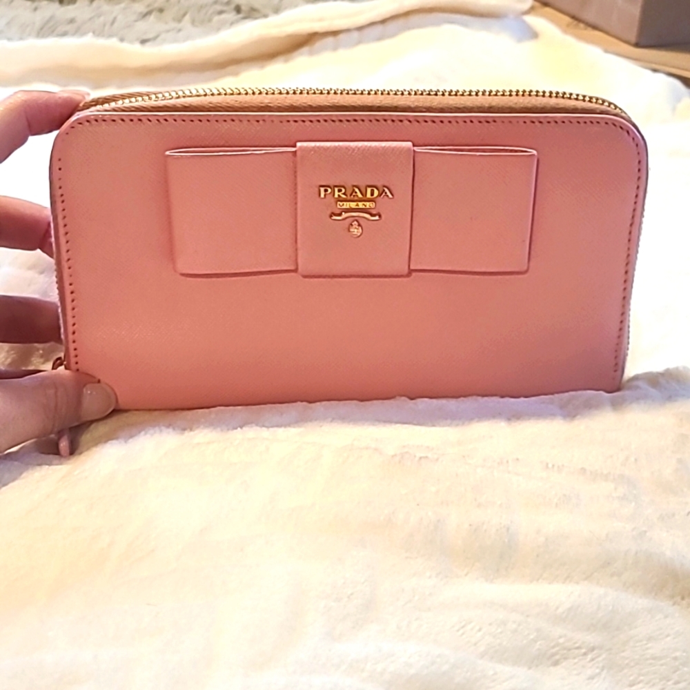 Prada Pink Saffiano Zip Around Wallet with Pink Bow